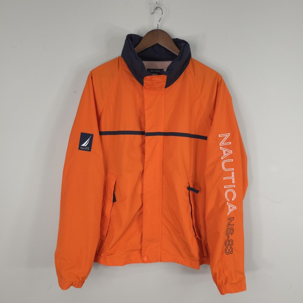 Nautica Jacket Mens Large Orange Hooded Nylon Windbreaker Sailing NS-83 Logo